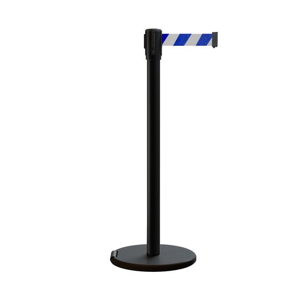 Montour Line Retractable Belt Rolling Stanchion, 2ft Black Post  11ft. Blu/Wh Belt ME530-BK-BWD-110